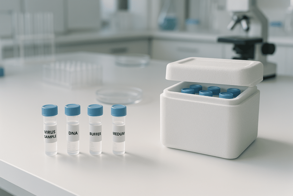 Clean lab-style research vials and cold storage container