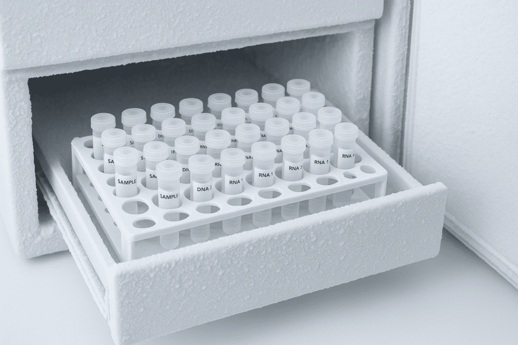 Labeled sample tubes in a rack for cold storage (research workflow)