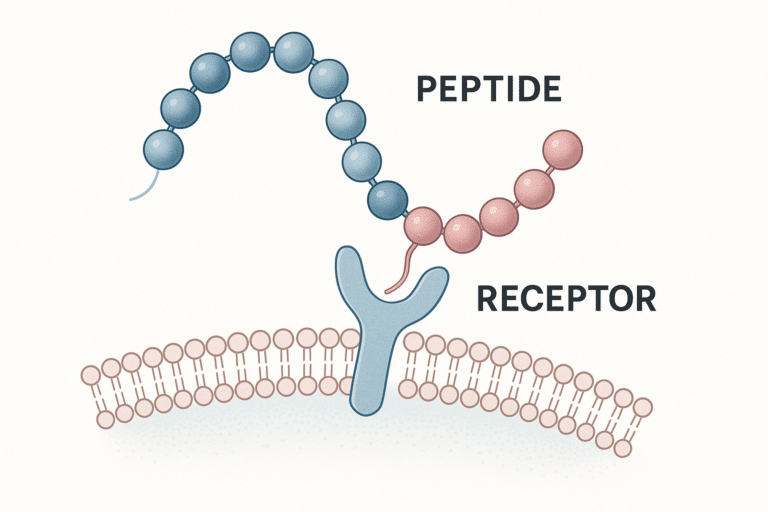 Abstract scientific illustration of peptide and receptor signaling