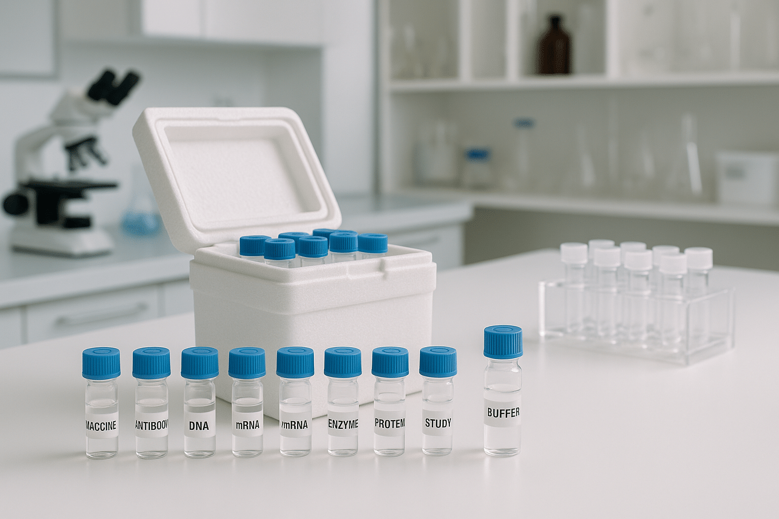 Lyophilized research peptide vials on a sterile lab bench
