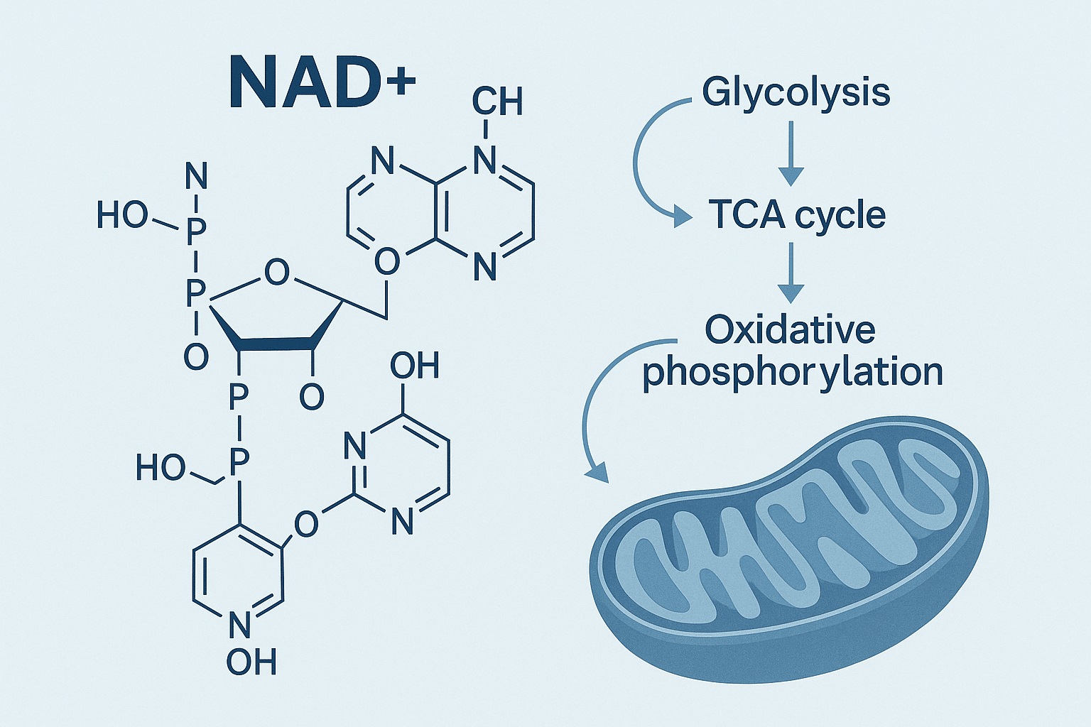 Mitochondria-themed infographic for NAD redox metabolism